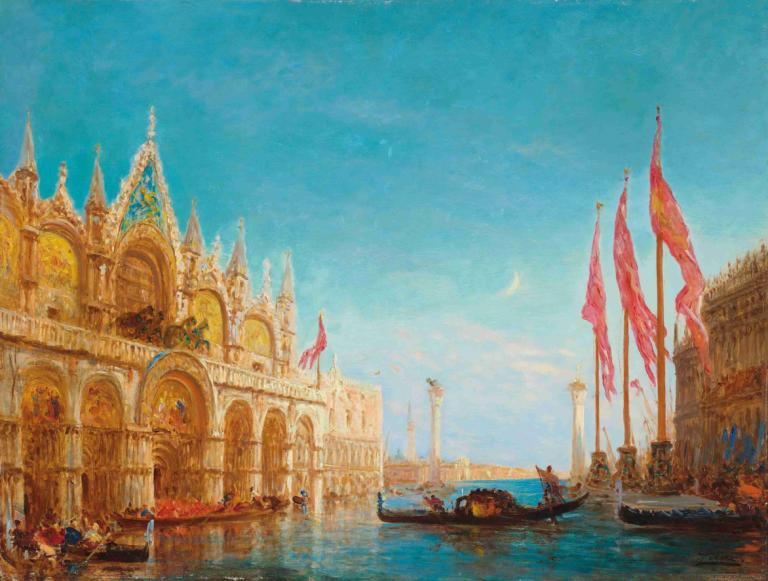 Aqua alta,Félix Ziem,Peinture à l'huile,Peinture à l'huile, motomarine, bateau, paysage, drapeau, ciel, eau