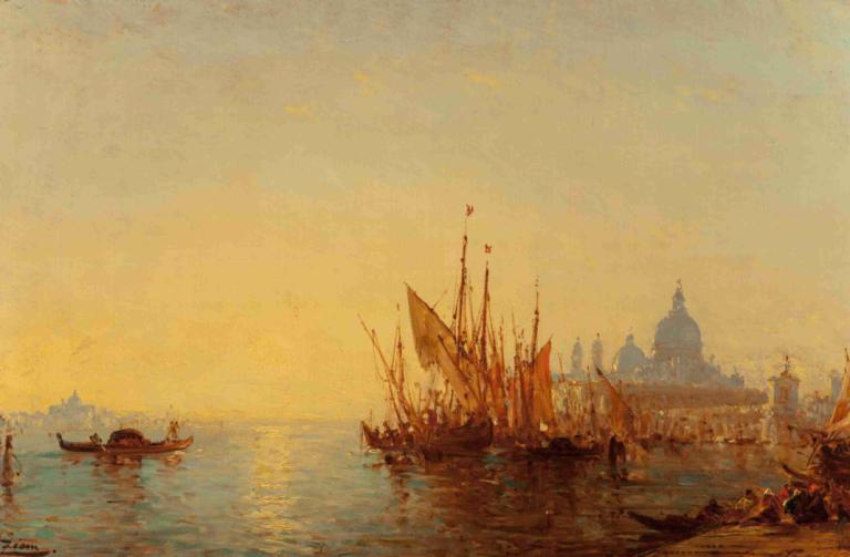 Bacino di San Marco,サンマルコ盆地,Félix Ziem,フェリックス・ジエム,油絵,油絵, 水上バイク, ボート, 景色, 屋外, 水, 人間がいない, 船, 空, アーティスト名, フラグ