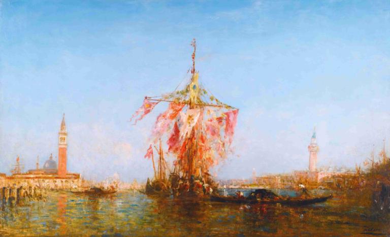 Bateau Pavoisé Sur Le Bassin, Venise,Flaggbåt på bassenget, Venezia,Félix Ziem,Felix Ziem,Oljemaleri