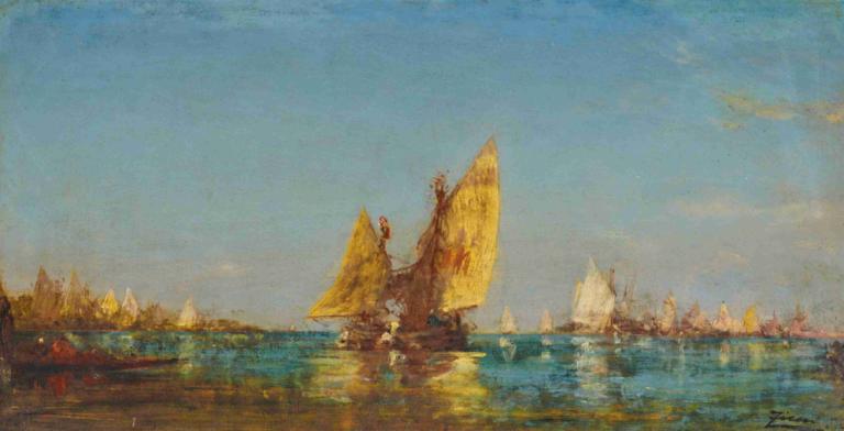 Bateaux,Félix Ziem,Oil Painting,Oil Painting, scenery, sky, outdoors, watercraft, boat, water, no humans, day