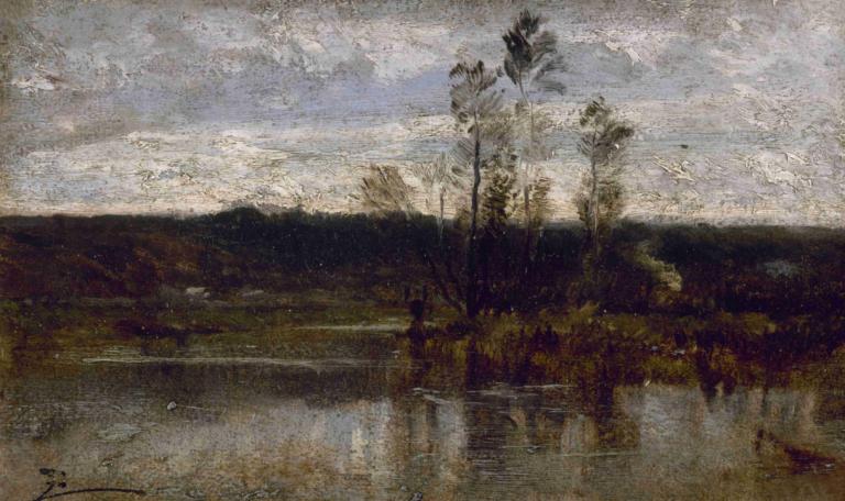 Bord de rivière,Félix Ziem,Oil Painting,Oil Painting, scenery, no humans, outdoors, tree, cloud, sky, nature