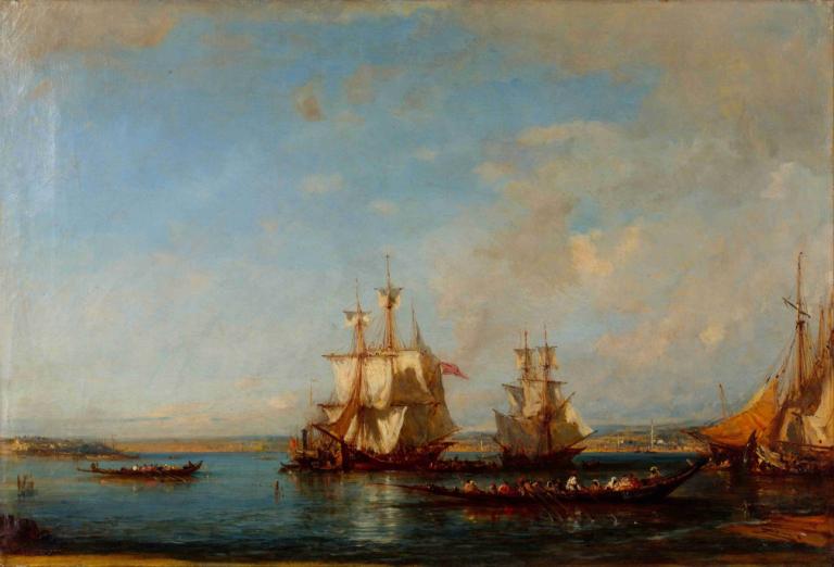 Caiques and Sailboats at the Bosphorus,Félix Ziem,Oil Painting,Oil Painting, watercraft, no humans, sky, ship