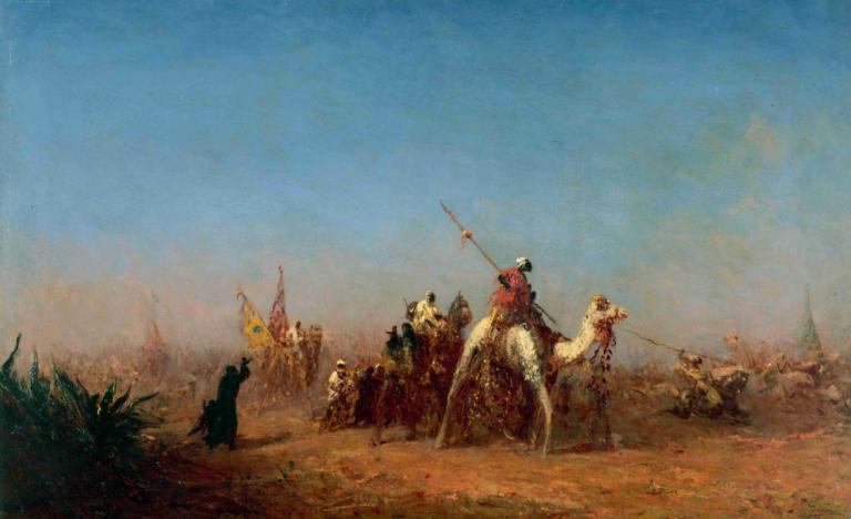 Caravane en route vers La Mecque,Félix Ziem,Oil Painting,Oil Painting, weapon, outdoors, holding, polearm