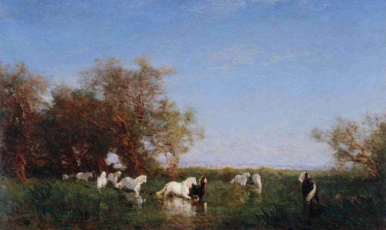 Chevaux Sauvages En Camargue,Félix Ziem,Oil Painting,Oil Painting, outdoors, tree, sky, scenery, day, grass