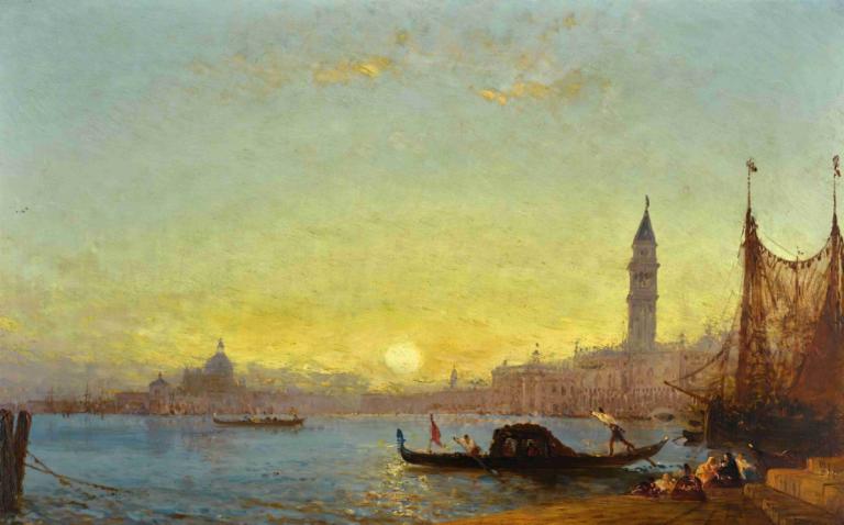 Coucher De Soleil À Venise,Sonnenuntergang in Venedig,Félix Ziem,Ölgemälde,Ölgemälde, Wasserfahrzeug, Boot