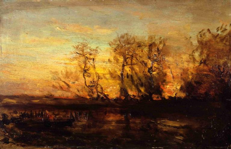 Coucher De Soleil,Sonnenuntergang,Félix Ziem,Ölgemälde,Ölgemälde, Landschaft, Baum, keine Menschen, draußen