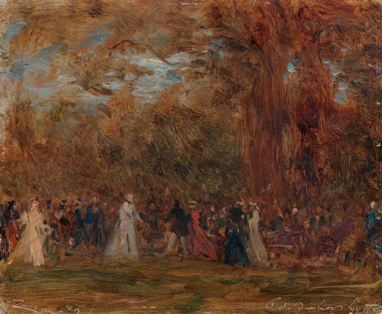 Fête à l'ambassade d'Angleterre à Paris,Félix Ziem,Oil Painting,Oil Painting, tree, multiple boys, nature