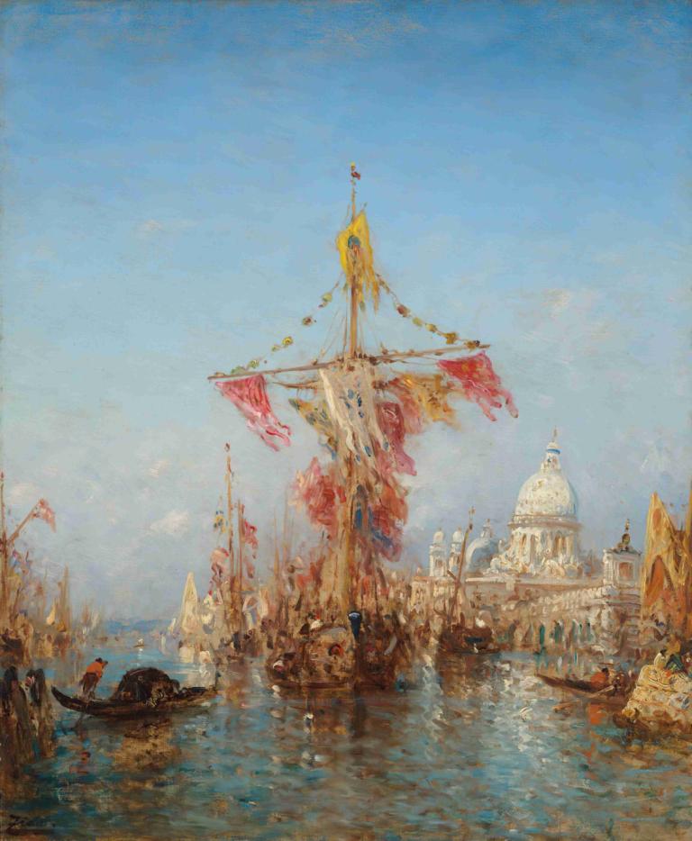 Fête de l’Assomption devant la Douane, Venise,Félix Ziem,Oil Painting,Oil Painting, watercraft, flag, boat