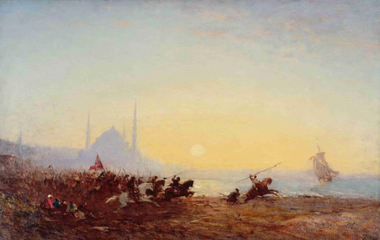 Fantasia À Constantinople,Félix Ziem,Oil Painting,Oil Painting, scenery, outdoors, weapon, sky, multiple boys