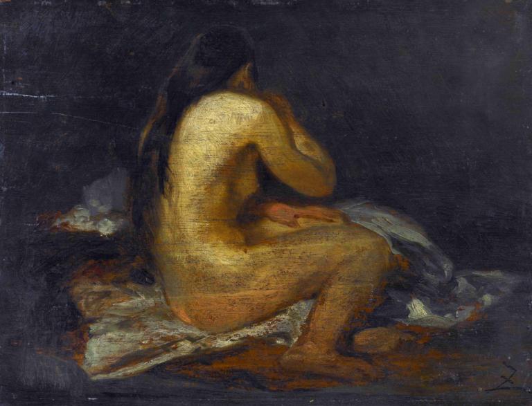 Femme nue assise,Félix Ziem,Oil Painting,Oil Painting, nude, solo, black hair, long hair, 1girl, sitting