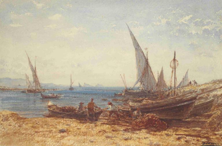 Fishermen and boats at water’s edge,Su kenarında balıkçılar ve tekneler,Félix Ziem,Yağlı boya,Yağlı boya