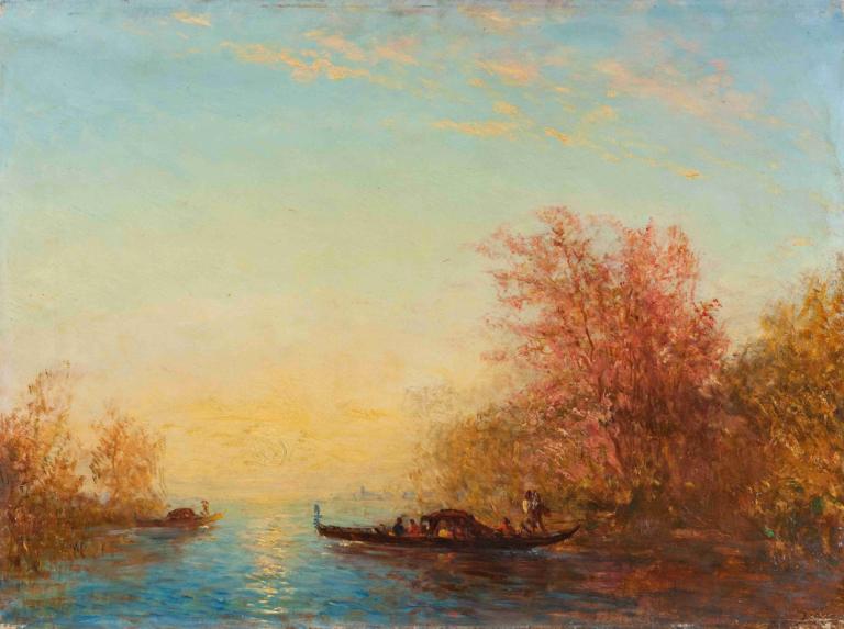 Fusine, Environs De Venise,Félix Ziem,Oil Painting,Oil Painting, scenery, tree, watercraft, boat, outdoors