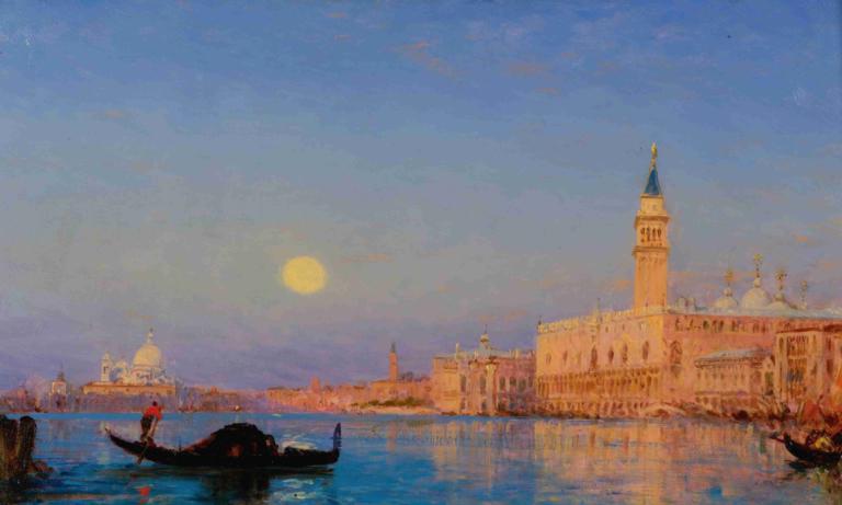 Gondole Devant Le Grand Bassin, Venise,Félix Ziem,Oil Painting,Oil Painting, scenery, outdoors, sky, water