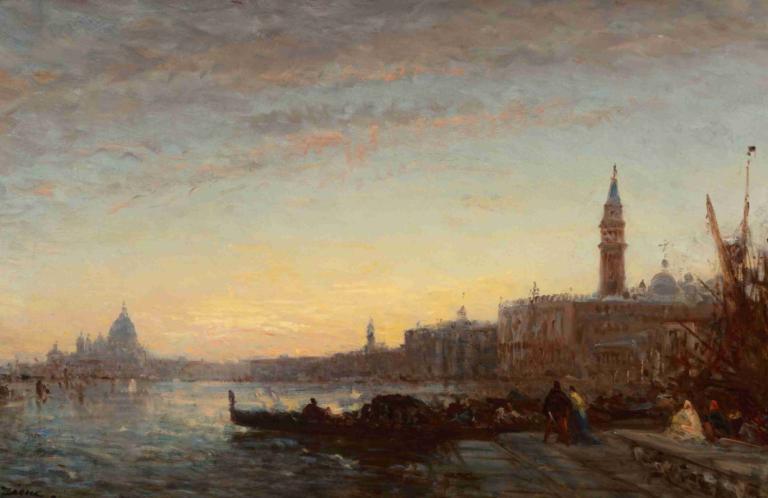 Gondoliers at Esclavons Quay, Venice,Félix Ziem,Oil Painting,Oil Painting, scenery, watercraft, water