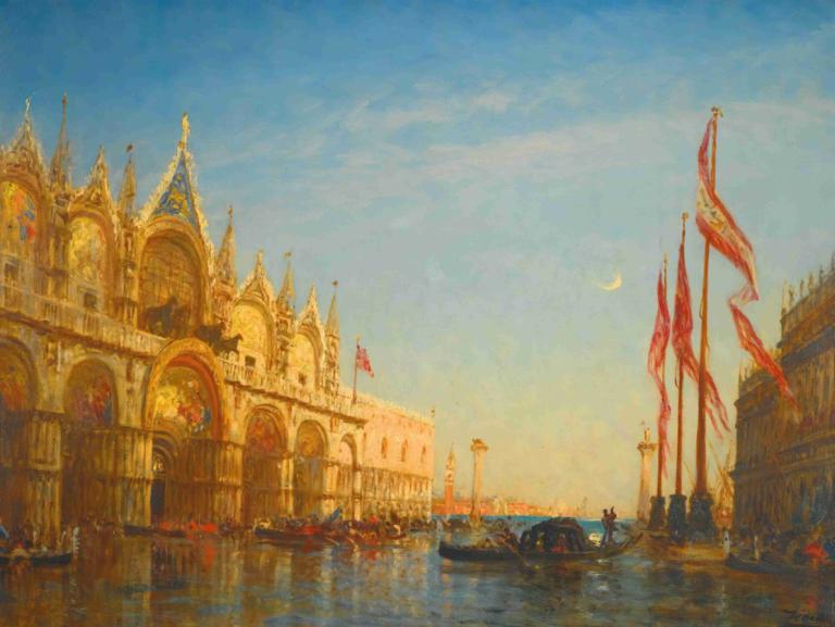 Inondations Sur La Place Saint Marc, Venise,Félix Ziem,Oil Painting,Oil Painting, flag, sky, scenery