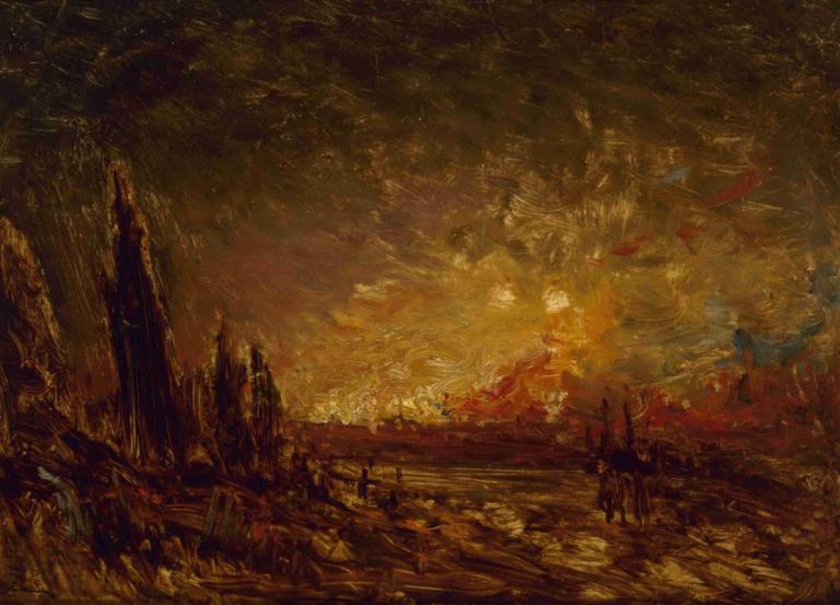 L'incendie,De brandstichting,Félix Ziem,Olieverf,Olieverf, landschap, geen mensen, landschap