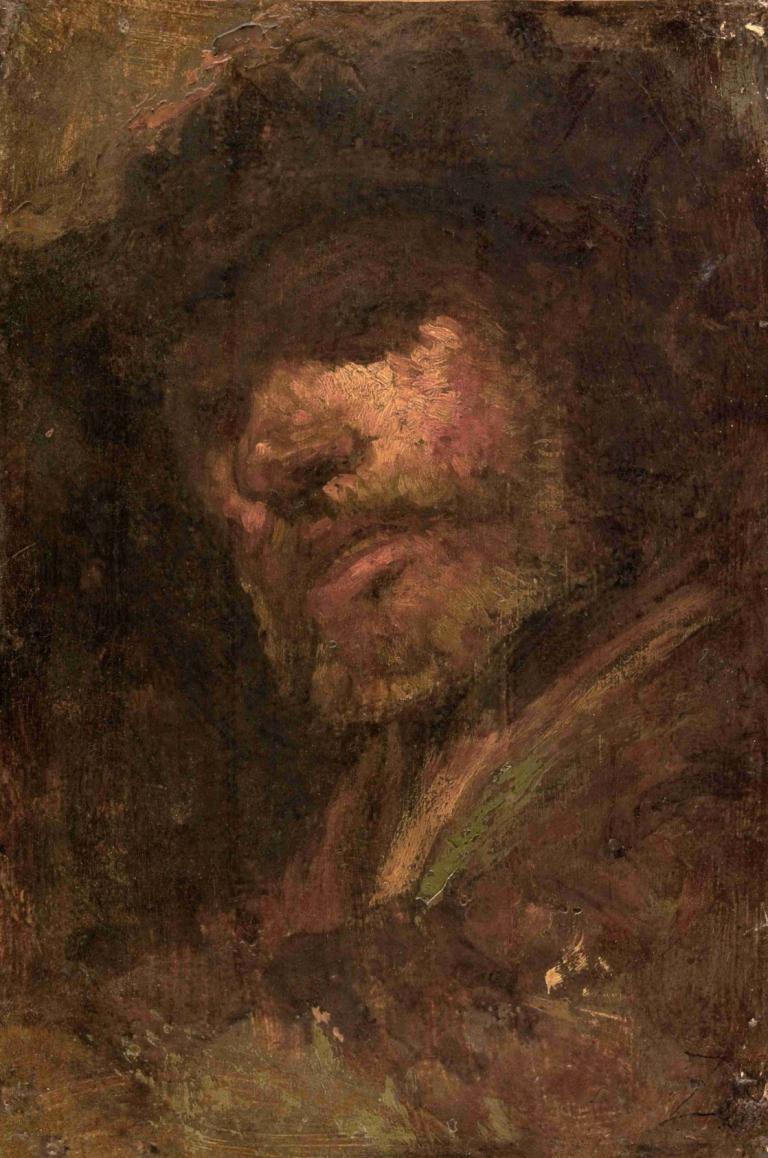 Le Tambour, tête d'homme d'après Rembrandt,Rumpu, miehen pää Rembrandtin mukaan.,Félix Ziem,Öljymaalaus