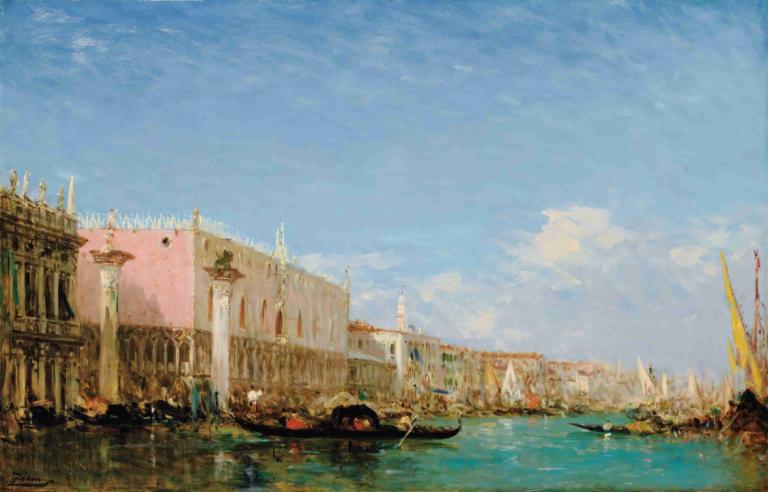 Le quai des esclaves, Venise,Slave Quay, Venetsia,Félix Ziem,Öljymaalaus,Öljymaalaus, maisema, taivas