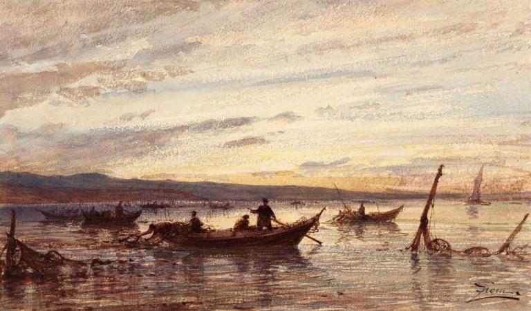 Les Pêcheurs De Martigues,Félix Ziem,Öljymaalaus,Öljymaalaus, vesikulkuneuvot, maisema, vene, ei ihmisiä