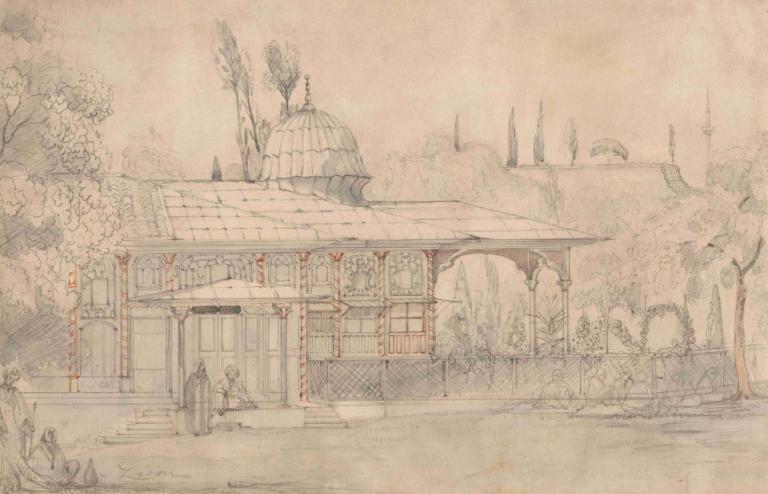 Pavilion Near a Mosque (recto),Félix Ziem,Sketch,Sketch, tree, monochrome, traditional media, building, house