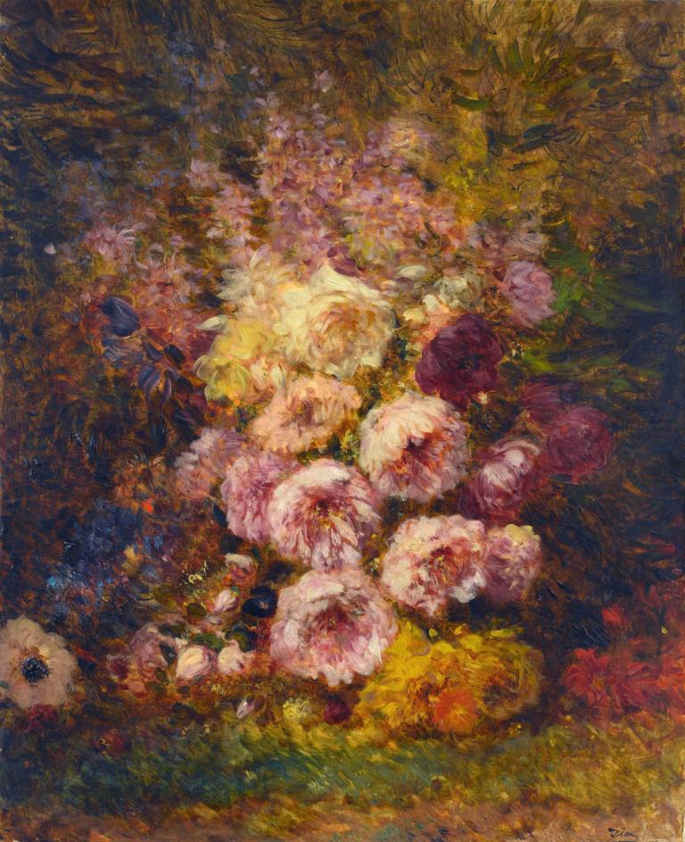 Pivoines,Peoner,Félix Ziem,Felix Ziem,Oljemaleri,Oljemaleri, blomst, 1 jente, solo