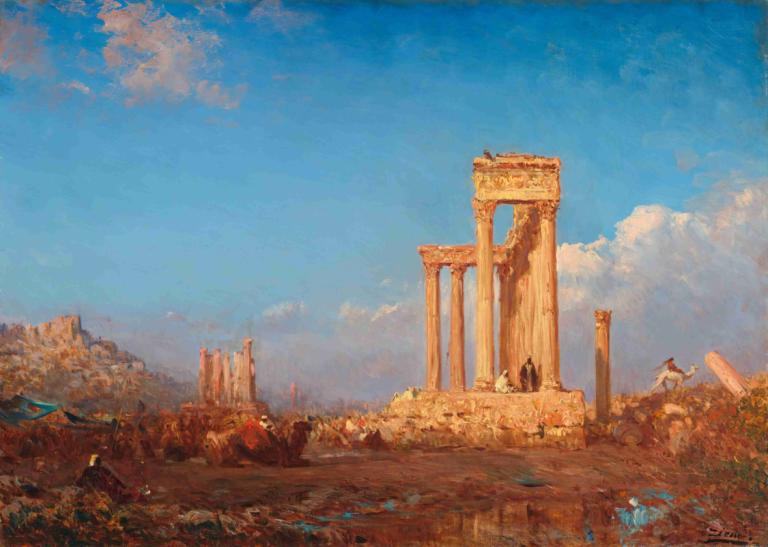 Ruins, Palmyra,Félix Ziem,Ölgemälde,Ölgemälde, Landschaft, Himmel, draußen, Wolke, Tag, blauer Himmel