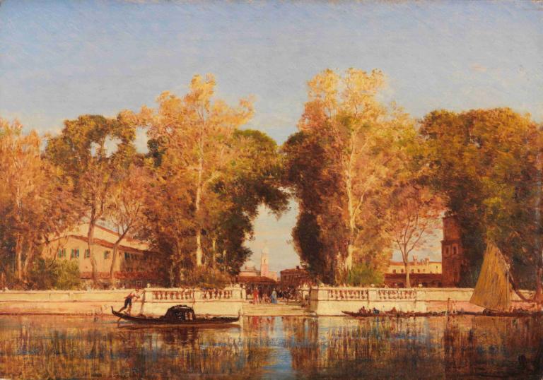 The French gardens in Venice,De Franse tuinen in Venetië,Félix Ziem,Olieverf,Olieverf, boom, buitenshuis