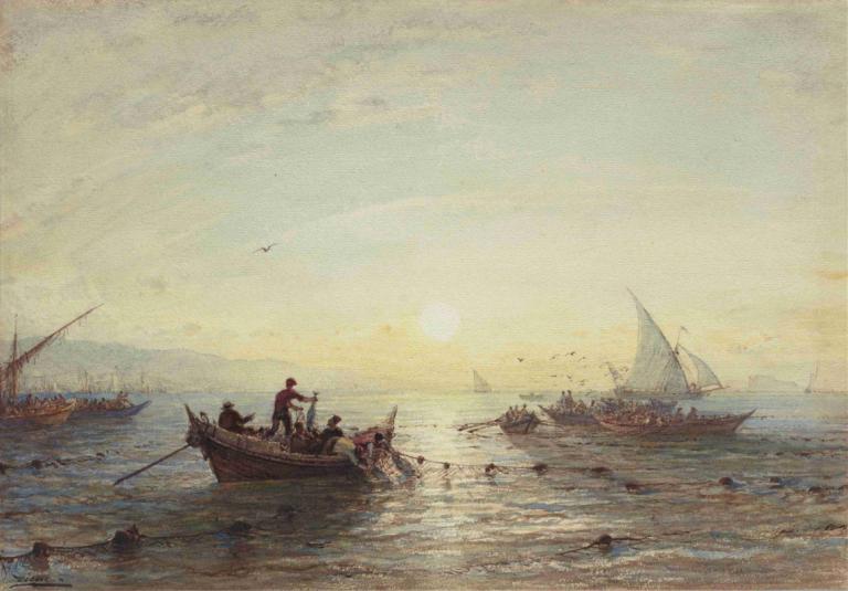 Tuna Fishing at Sunrise off the Coast near Marseilles,Félix Ziem,Oil Painting,Oil Painting, watercraft, boat