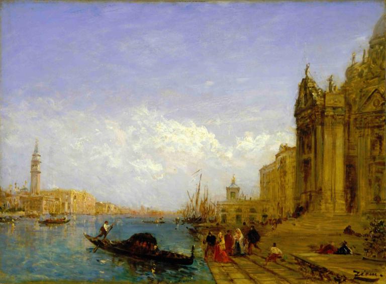 Venetian Scene,Venetiaans tafereel,Félix Ziem,Olieverf,Olieverf, waterscooters, boot, landschap, water, lucht