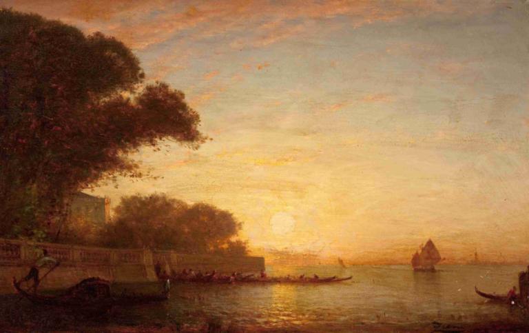 Venetian Scene,Venetiaans tafereel,Félix Ziem,Olieverf,Olieverf, zonsondergang, landschap, boom, buitenshuis