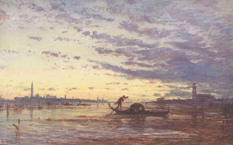 Venice,威尼斯,Félix Ziem,费利克斯-齐姆,油画,油画, 云, 风景, 天空, 户外, 传统媒体, 多云的天空, 日落, 建筑, 船只, 水