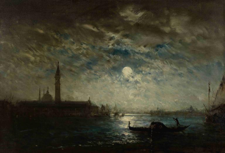 Venise et le Campanile au clair de lune,月光下的威尼斯和钟楼,Félix Ziem,费利克斯-齐姆,油画,油画, 月亮, 云, 风景, 天空, 多云的天空, 没有人类, 船只