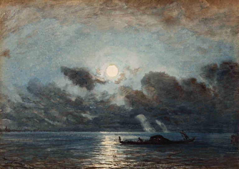 Venise, Clair De Lune,威尼斯，月光,Félix Ziem,费利克斯-齐姆,油画,油画, 月亮, 天空, 风景, 传统媒体, 云, 海洋, 户外, 绘画（中）, 夜晚, 没有人类, 满月, 水