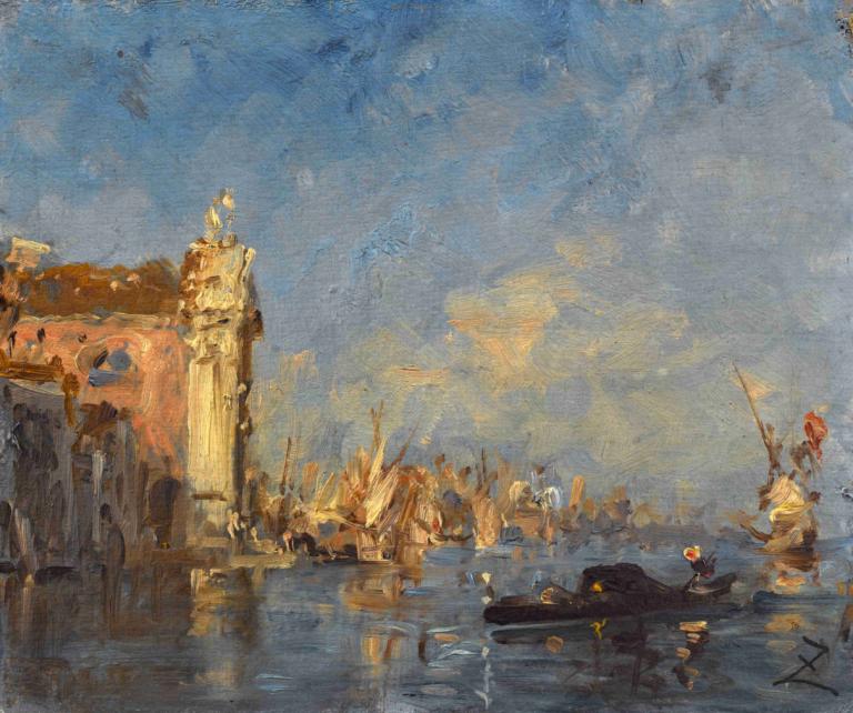 Venise, L'église Des Gesuati,Venezia, Gesuati-kirken,Félix Ziem,Felix Ziem,Oljemaleri,Oljemaleri, vannscooter