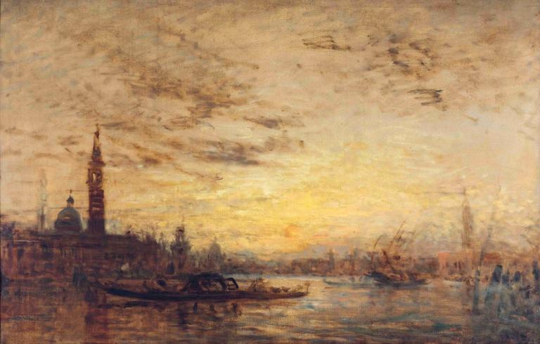 Venise, La Giudecca Au Crépuscule,威尼斯，暮色中的朱代卡,Félix Ziem,费利克斯-齐姆,油画,油画, 风景, 云, 天空, 船只, 没有人类, 户外, 水, 塔, 传统媒体