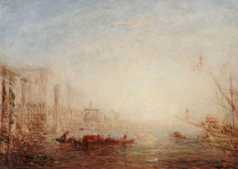 Venise, Le Grand Canal Au Soleil Levant,威尼斯，日出中的大运河,Félix Ziem,费利克斯-齐姆,油画,油画, 风景, 船只, 传统媒体, 树, 户外, 船, 水, 天空