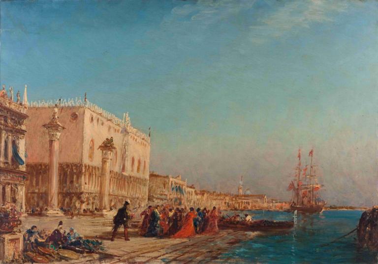 Venise, Le Palais Des Doges,威尼斯，总督府,Félix Ziem,费利克斯-齐姆,油画,油画, 船只, 风景, 户外, 天空, 船, 水, 天, 传统媒体, 多个男孩, 船, 建筑, 常设