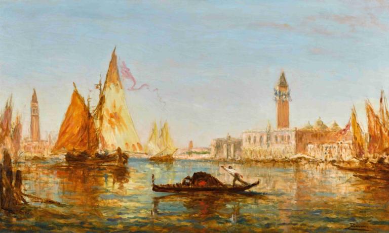 Venise, gondole et voiliers devant le Palais des doges et San Giorgio Maggiore,威尼斯，总督府和圣乔治-马焦雷宫前的贡多拉和帆船