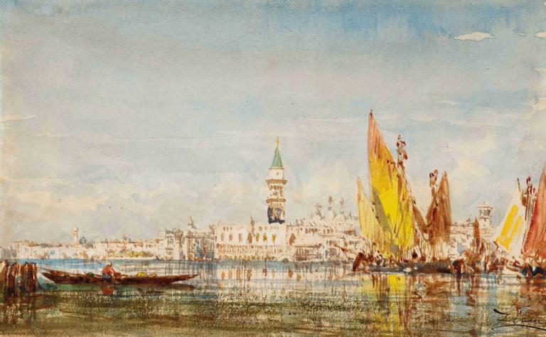 Venise,Félix Ziem,Ölgemälde,Ölgemälde, keine Menschen, Landschaft, Himmel, Wasserfahrzeug, Wolke, draußen