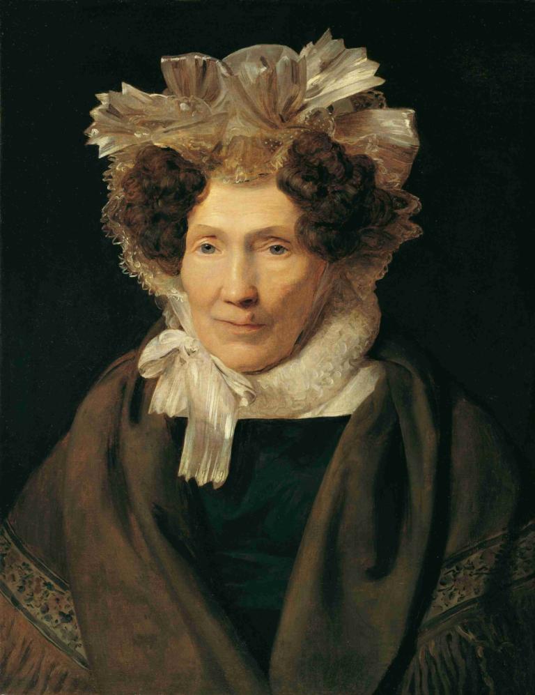 Alte Frau mit weißer Bänderhaube,Ferdinand Georg Waldmüller,Oil Painting,Oil Painting, solo, black background