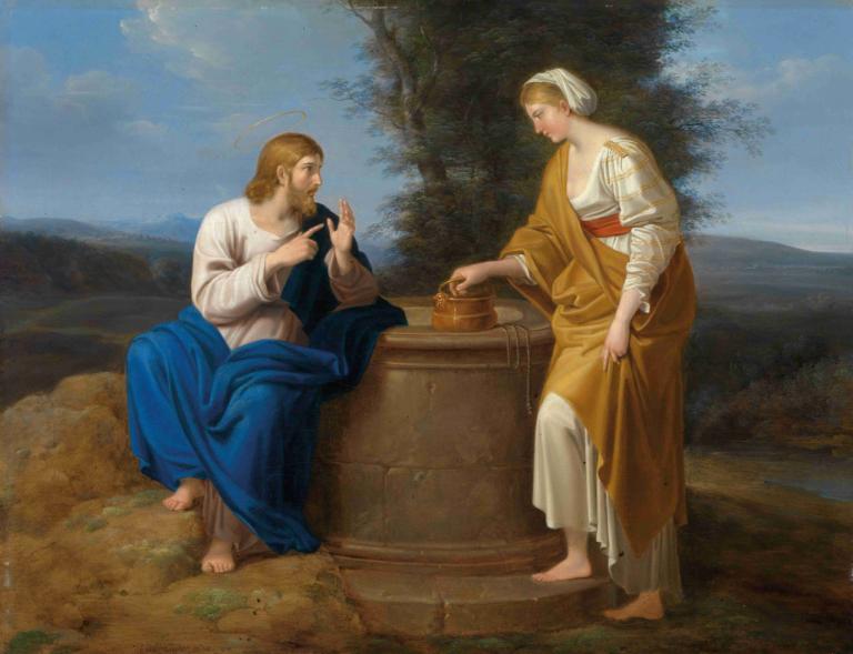 Christ And The Samaritan Woman,基督和撒瑪利亞女人,Ferdinand Georg Waldmüller,費迪南德·沃爾德穆勒,油畫,油畫, 美術模仿, 赤腳, 戶外, 鬍子, 光環