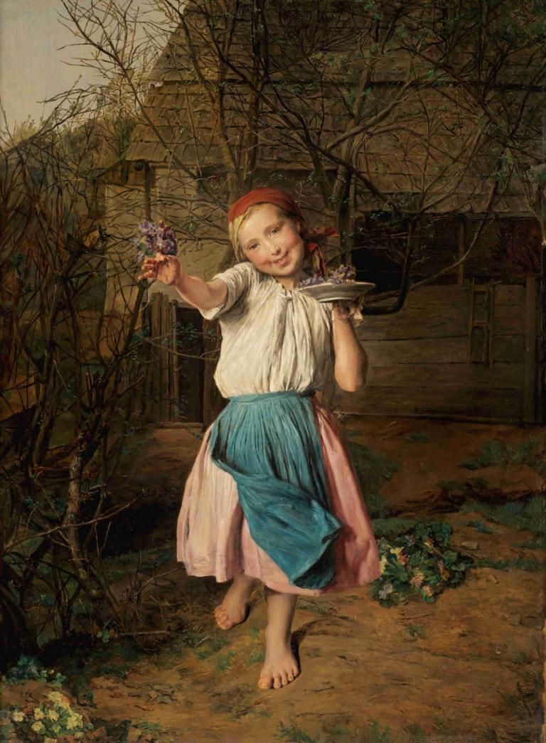 Das Veilchenmädchen (The Violet Girl),Ferdinand Georg Waldmüller,Oil Painting,Oil Painting, 1girl, barefoot