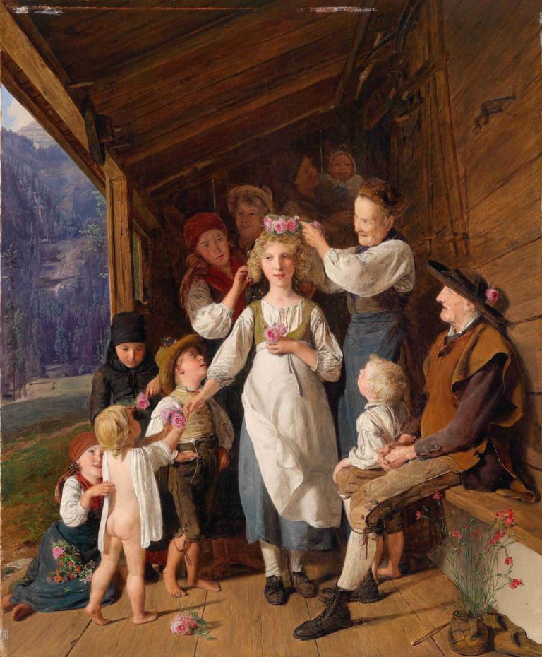 Die Kranzljungfer,Ferdinand Georg Waldmüller,Ölgemälde,Ölgemälde, Kunstparodie, mehrere Mädchen