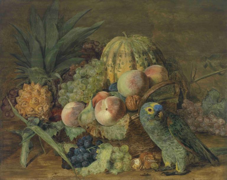 Früchtestillleben mit Papagei,Frugtstilleben med papegøje,Ferdinand Georg Waldmüller,Oliemaleri,Oliemaleri