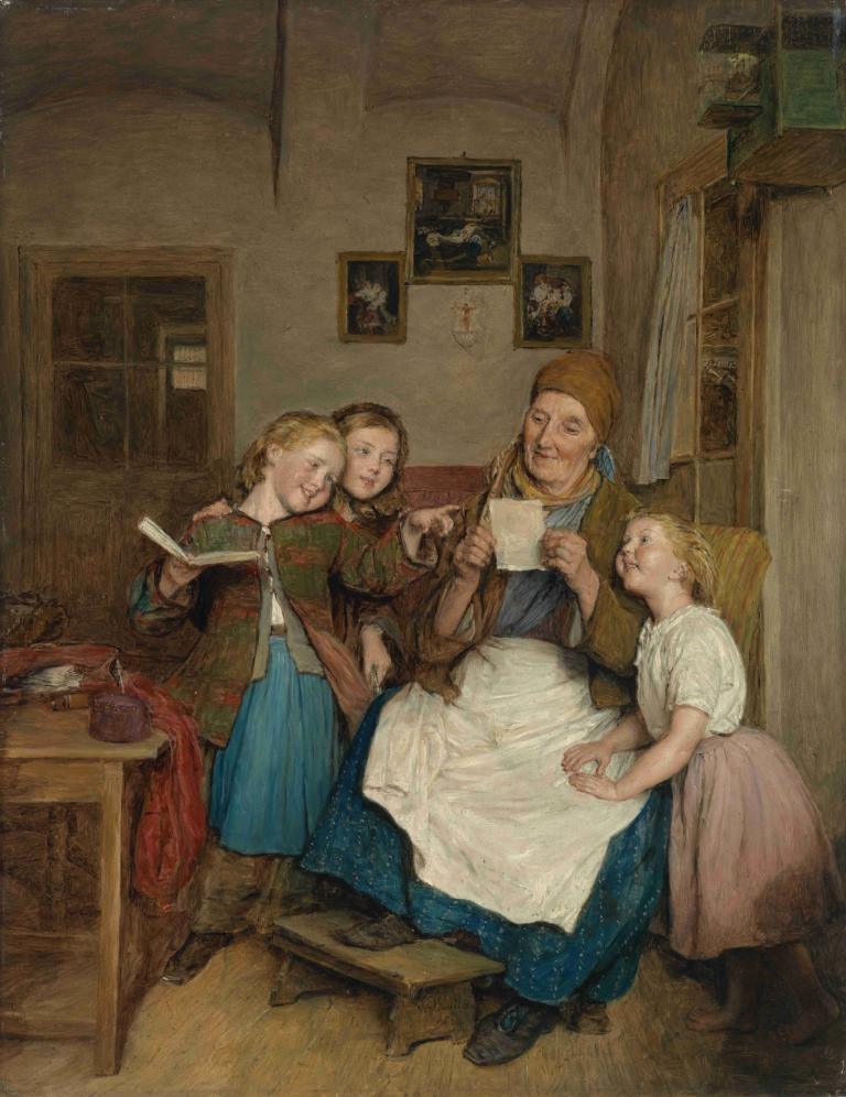 Großmutter mit drei Enkelkindern,Mormor med tre barnbarn,Ferdinand Georg Waldmüller,Oljemålning,Oljemålning