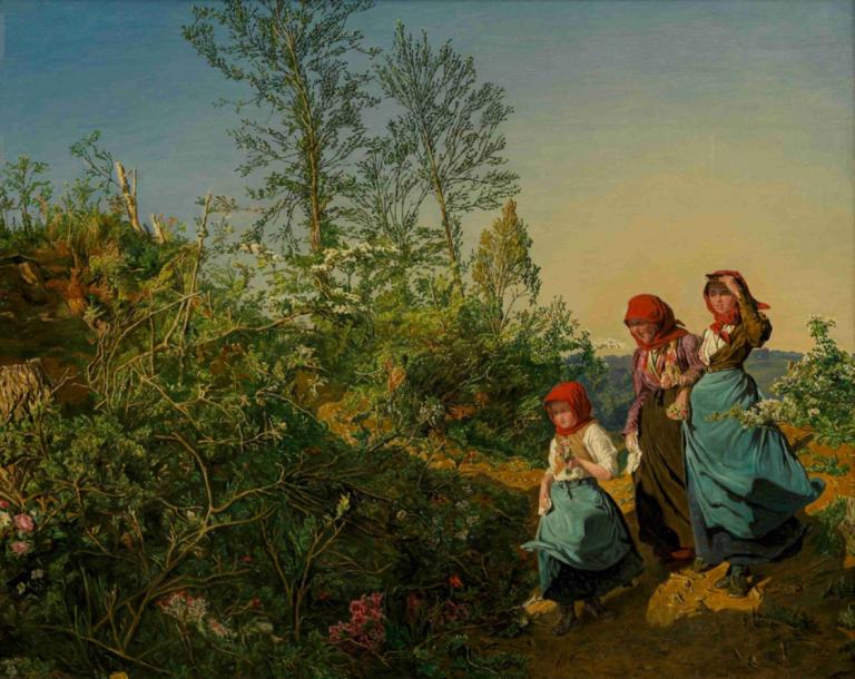 Kirchgang im Frühling,基什岡·伊姆·弗呂林,Ferdinand Georg Waldmüller,費迪南德·沃爾德穆勒,油畫,油畫, 多個女孩, 戶外, 樹, 引擎蓋, 3個女孩, 頭巾, 裙子