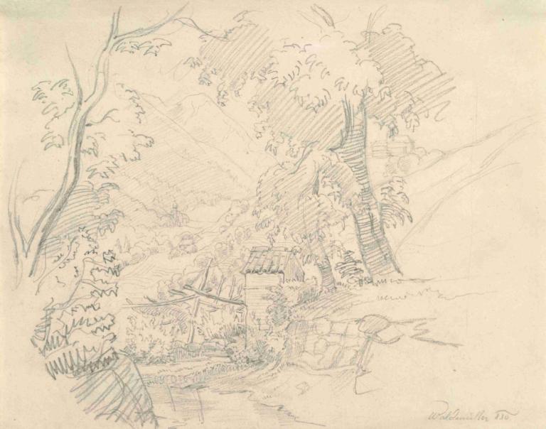 Landscape with a View in a Valley,山谷中的風景,Ferdinand Georg Waldmüller,費迪南德·沃爾德穆勒,素描,素描, 樹, 沒有人類, 傳統媒體, 單色, 風景