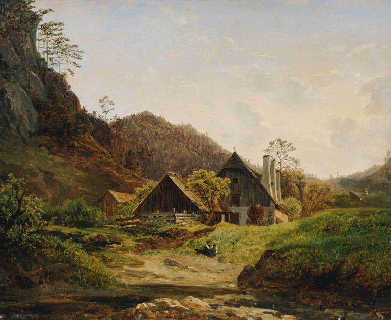 Landschaft mit Hammerschmiede,麻省理工學院哈默施米德,Ferdinand Georg Waldmüller,費迪南德·沃爾德穆勒,油畫,油畫, 風景, 戶外, 樹, 草, 天空, 沒有人類