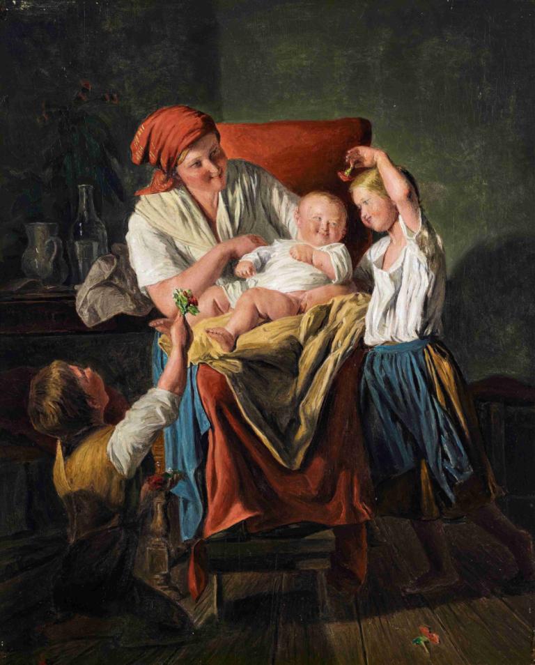 Mother luck,幸運女神,Ferdinand Georg Waldmüller,費迪南德·沃爾德穆勒,油畫,油畫, 美術模仿, 多個男孩, 戲仿, 金髮, 瓶子, 坐著, 嬰兒, 假傳統媒體, 睡眠, 3個男孩