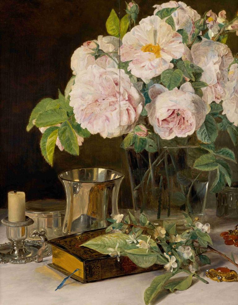 Rosen im Glas Stilleben mit Rosen, Leuchter und silbernem Becher,Ferdinand Georg Waldmüller,Ölgemälde